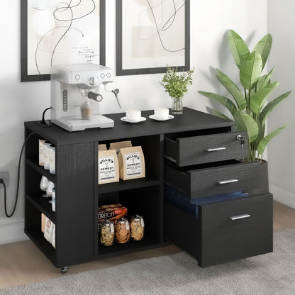 Meuble de rangement en bois avec station de recharge, classeur latéral mobile verrouillable, compatible avec les dossiers A4, lettres et documents légaux.