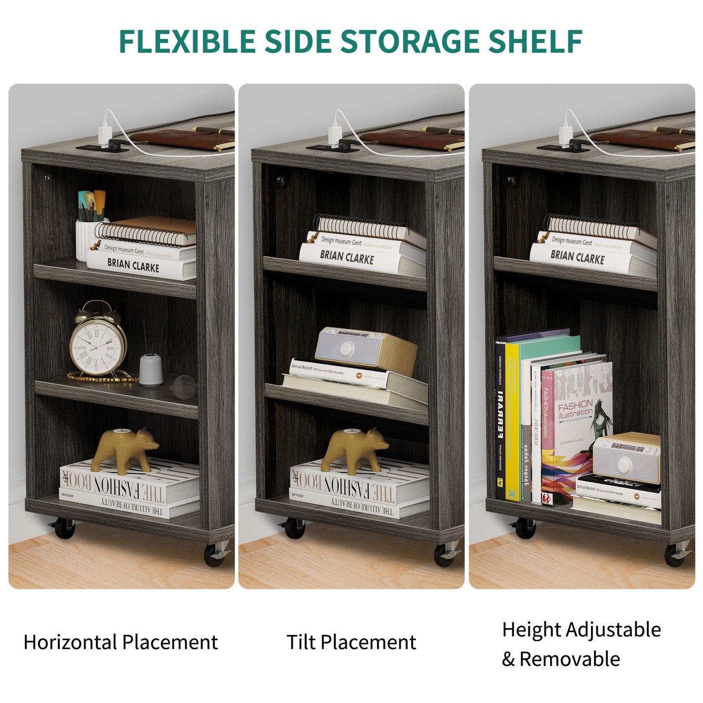 Meuble de rangement en bois avec station de recharge, classeur latéral mobile verrouillable, compatible avec les dossiers A4, lettres et documents légaux.