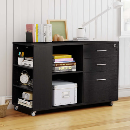 Meuble de rangement en bois avec station de recharge, classeur latéral mobile verrouillable, compatible avec les dossiers A4, lettres et documents légaux.