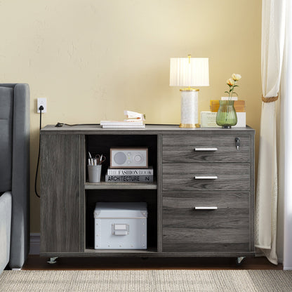 Meuble de rangement en bois avec station de recharge, classeur latéral mobile verrouillable, compatible avec les dossiers A4, lettres et documents légaux.