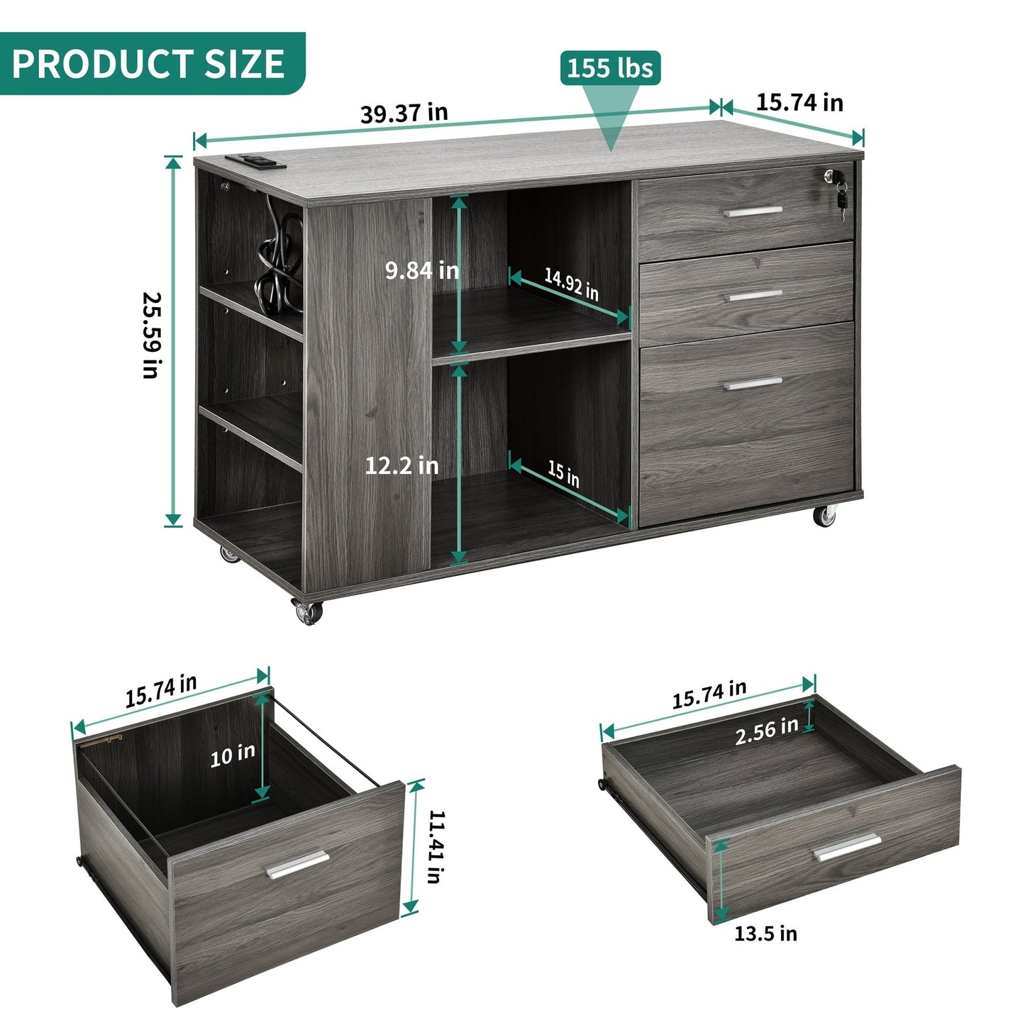Meuble de rangement en bois avec station de recharge, classeur latéral mobile verrouillable, compatible avec les dossiers A4, lettres et documents légaux.