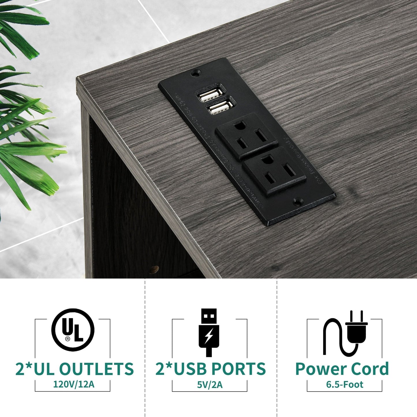 Meuble de rangement en bois avec station de recharge, classeur latéral mobile verrouillable, compatible avec les dossiers A4, lettres et documents légaux.
