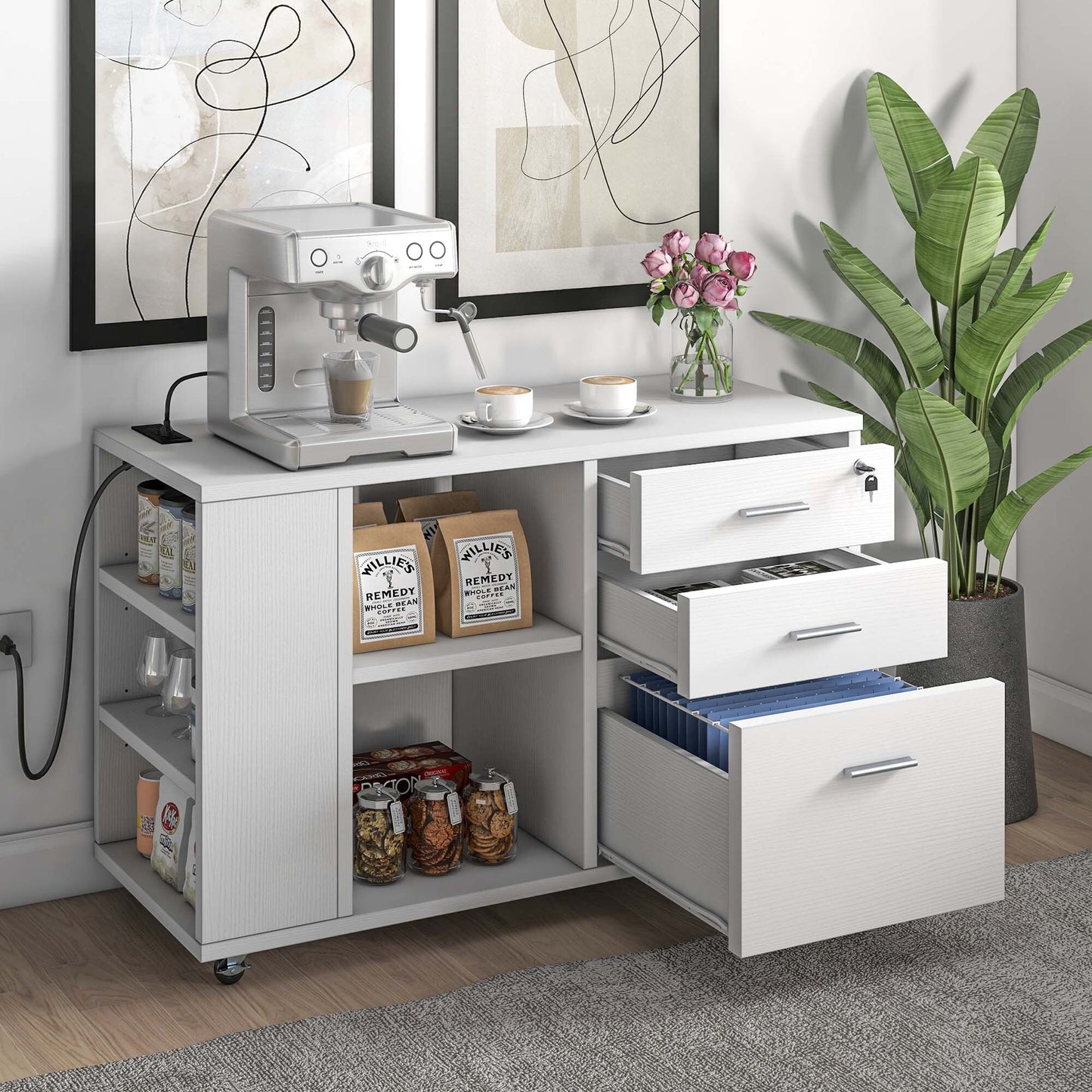 Meuble de rangement en bois avec station de recharge, classeur latéral mobile verrouillable, compatible avec les dossiers A4, lettres et documents légaux.
