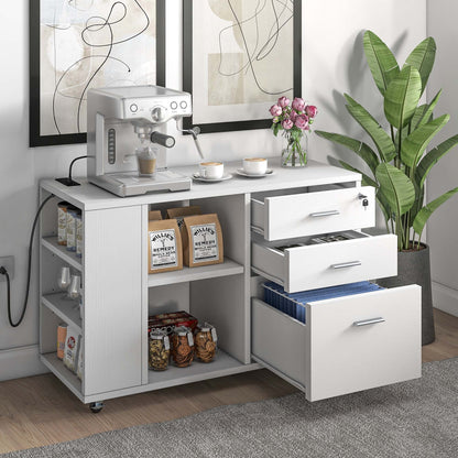 Meuble de rangement en bois avec station de recharge, classeur latéral mobile verrouillable, compatible avec les dossiers A4, lettres et documents légaux.