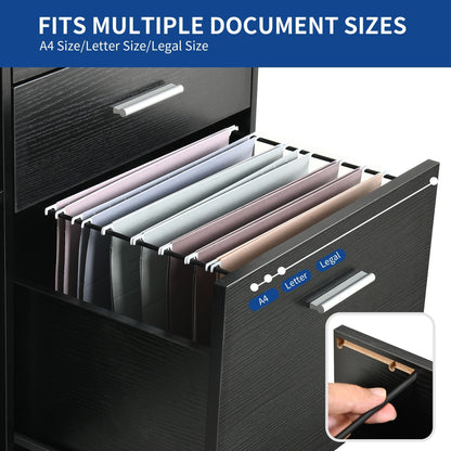 Meuble de rangement en bois avec station de recharge, classeur latéral mobile verrouillable, compatible avec les dossiers A4, lettres et documents légaux.