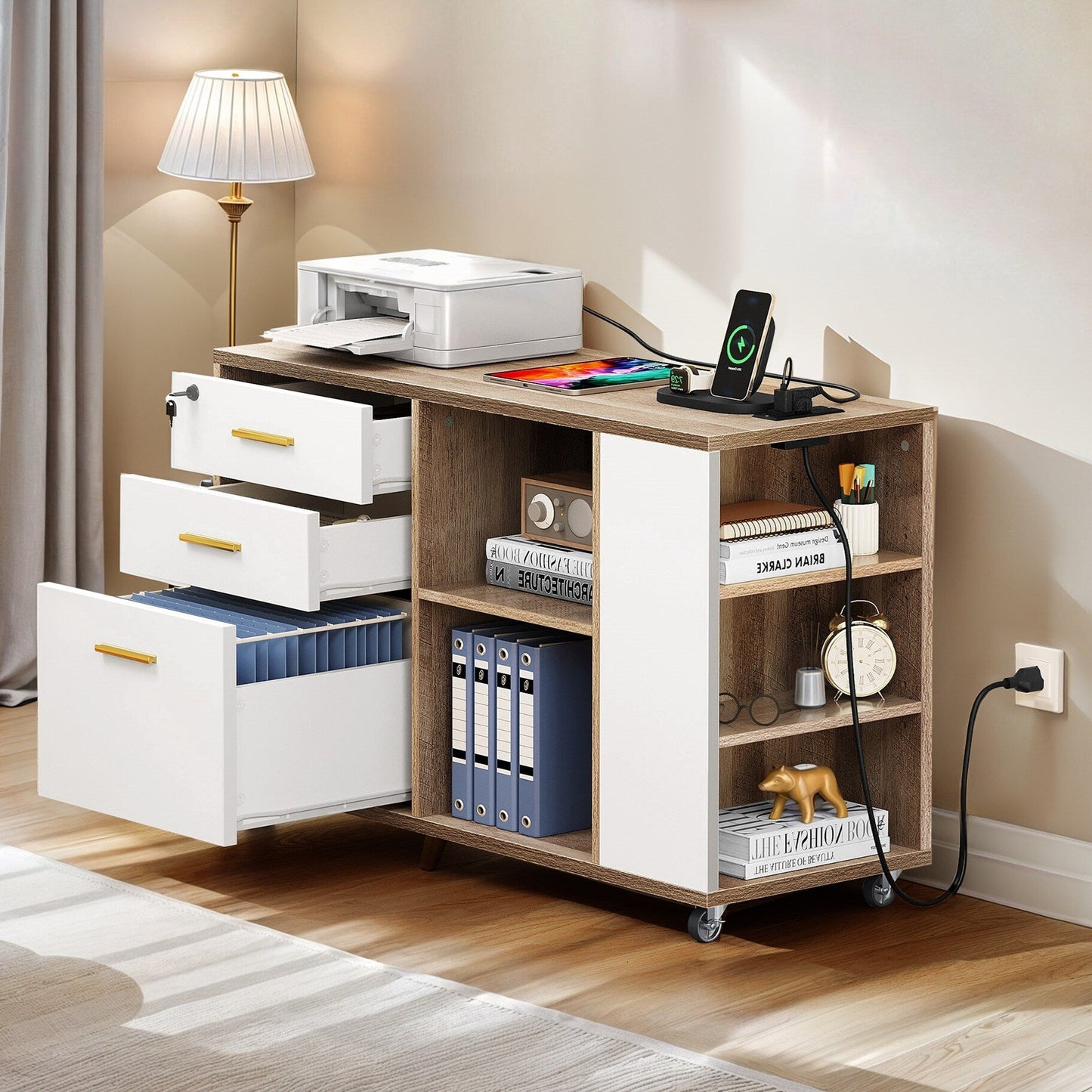 Meuble de rangement en bois avec station de recharge, classeur latéral mobile verrouillable, compatible avec les dossiers A4, lettres et documents légaux.