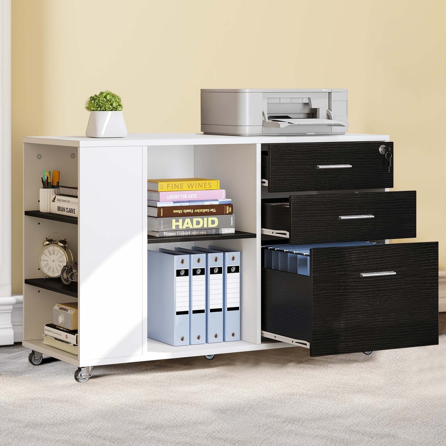 Meuble de rangement en bois avec station de recharge, classeur latéral mobile verrouillable, compatible avec les dossiers A4, lettres et documents légaux.