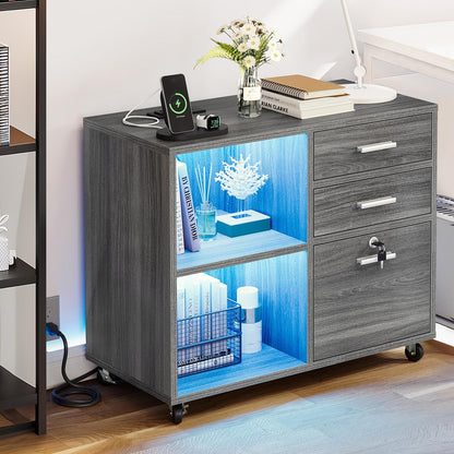 Meuble de rangement en bois avec station de recharge, classeur latéral mobile verrouillable, compatible avec les dossiers A4, lettres et documents légaux.