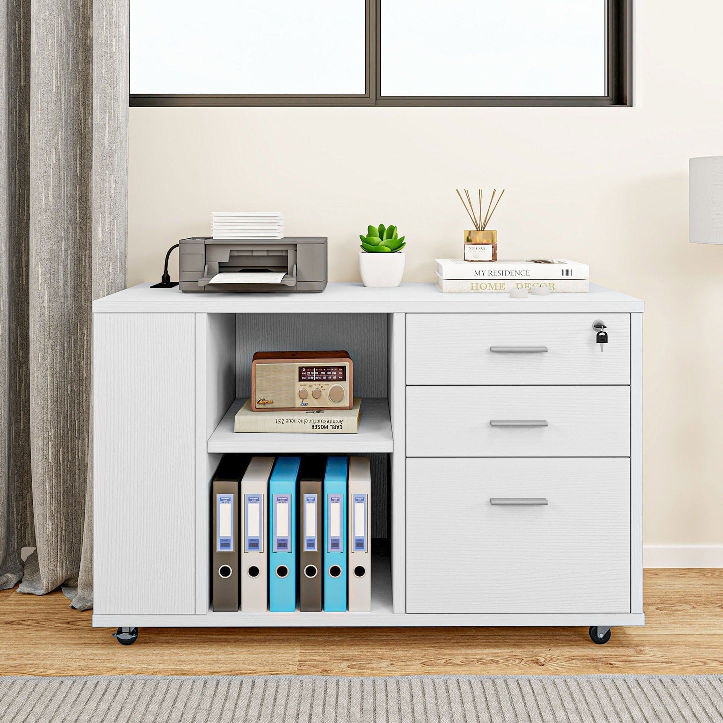 Meuble de rangement en bois avec station de recharge, classeur latéral mobile verrouillable, compatible avec les dossiers A4, lettres et documents légaux.