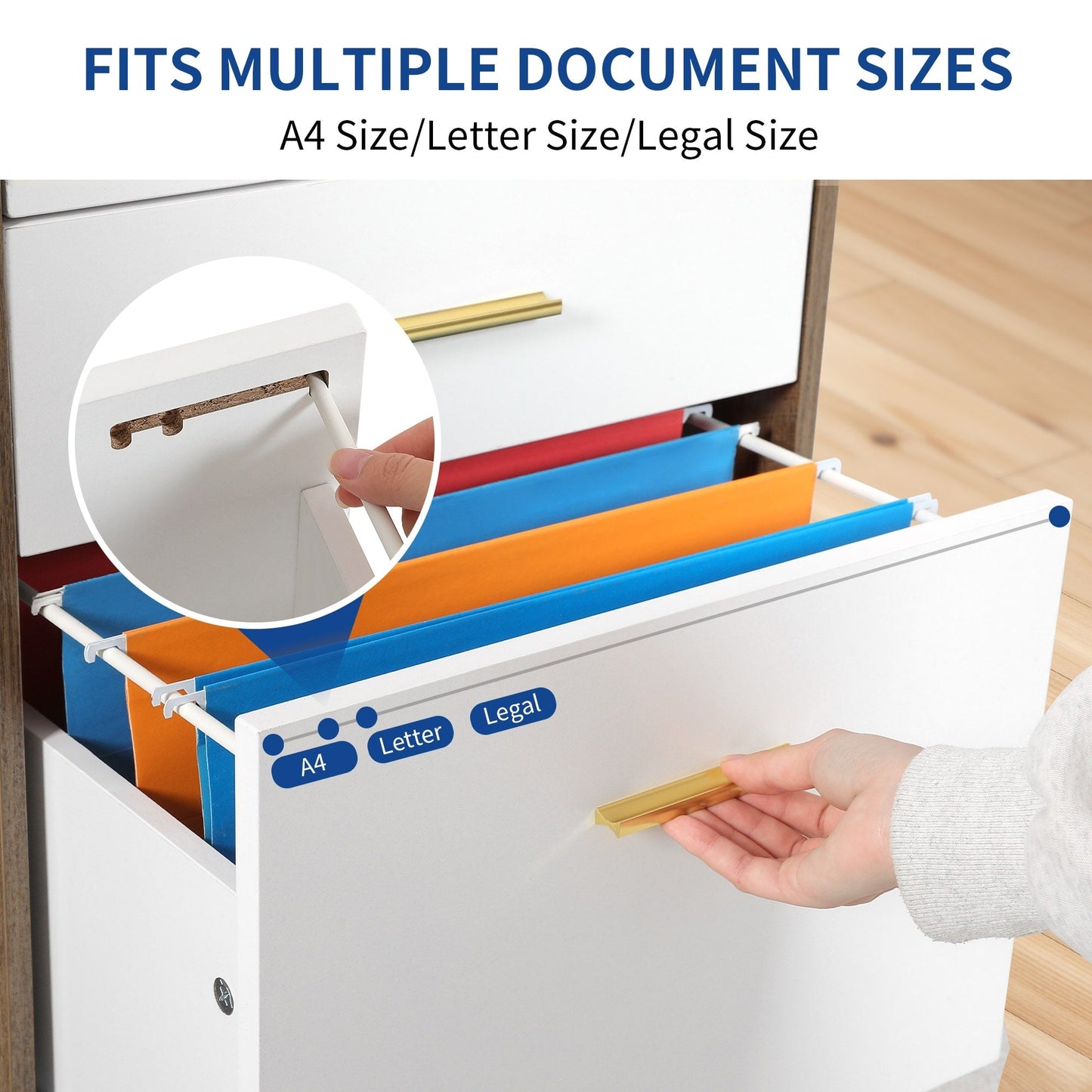 Meuble de rangement en bois avec station de recharge, classeur latéral mobile verrouillable, compatible avec les dossiers A4, lettres et documents légaux.