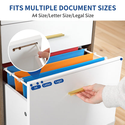 Meuble de rangement en bois avec station de recharge, classeur latéral mobile verrouillable, compatible avec les dossiers A4, lettres et documents légaux.