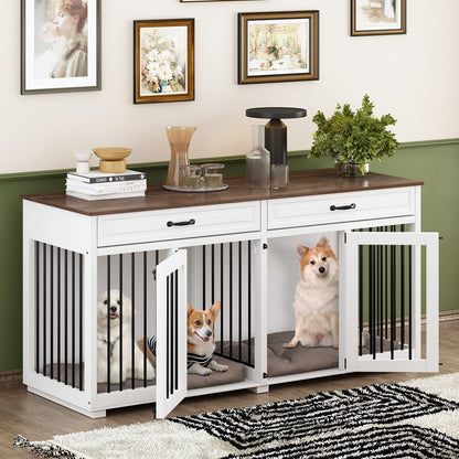 Meuble-kennel en bois pour chien double avec 2 tiroirs et séparateur