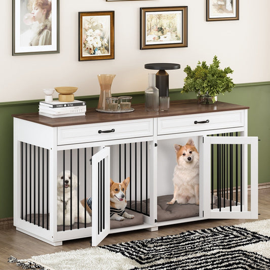 Meuble-kennel en bois pour chien double avec 2 tiroirs et séparateur