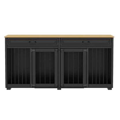 Meuble-kennel en bois pour chien double avec 2 tiroirs et séparateur