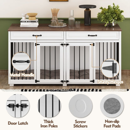 Meuble-kennel en bois pour chien double avec 2 tiroirs et séparateur