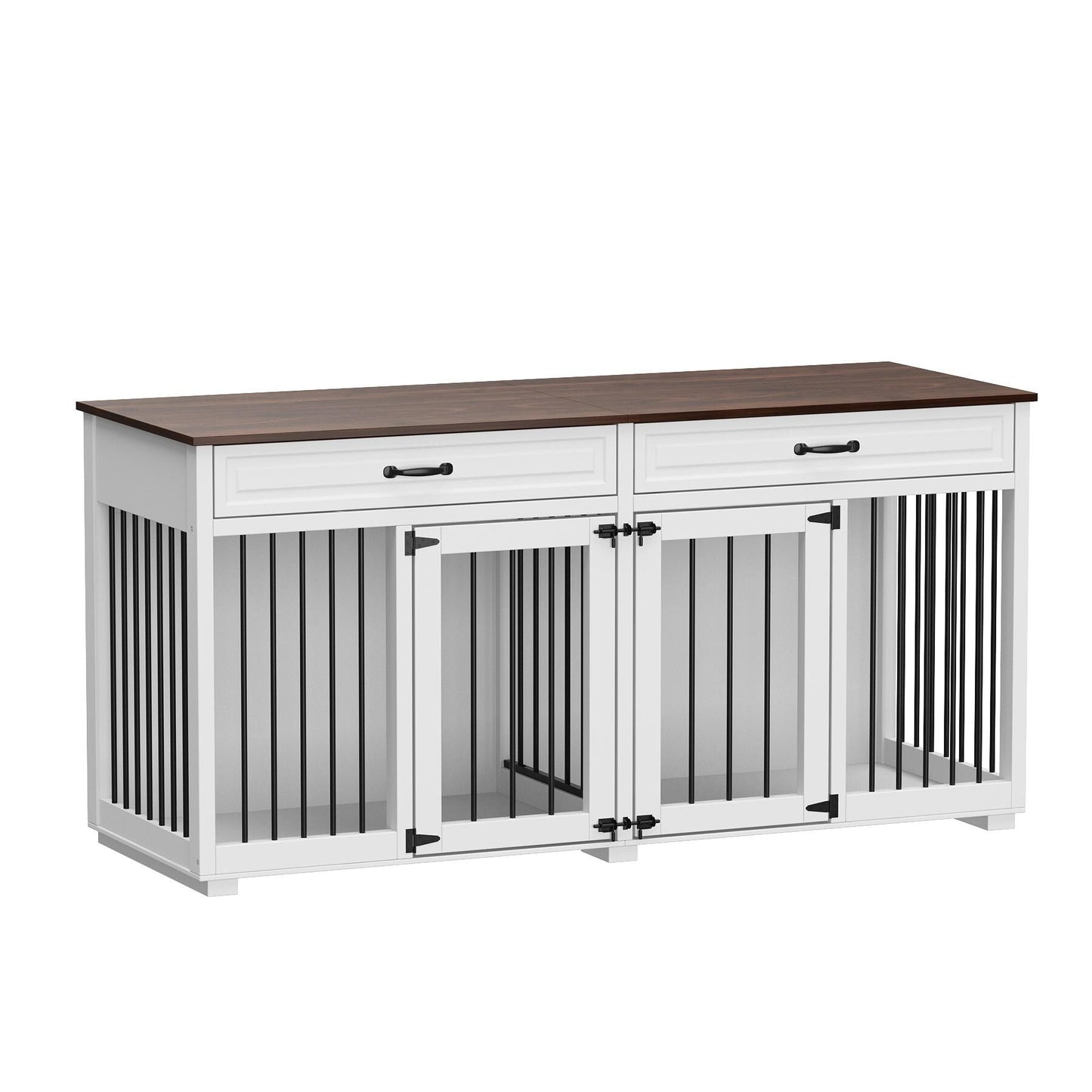 Meuble-kennel en bois pour chien double avec 2 tiroirs et séparateur