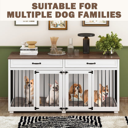 Meuble-kennel en bois pour chien double avec 2 tiroirs et séparateur