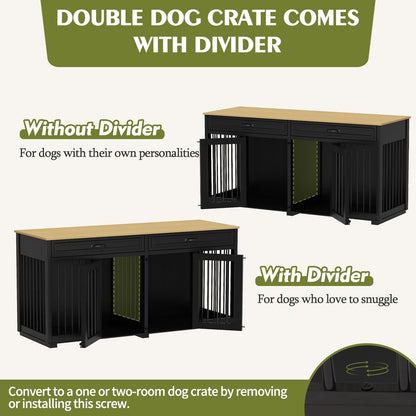 Meuble-kennel en bois pour chien double avec 2 tiroirs et séparateur