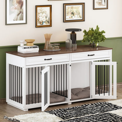 Meuble-kennel en bois pour chien double avec 2 tiroirs et séparateur
